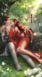 Rule 34 | 1boy, 1girl, absurdres, artist request, bare legs, barefoot, blush, brown hair, bug, butterfly, character request, dress, flower, full body, glowing butterfly, grass, hair rings, hand on another&#039;s back, highres, huo linger (wanmei shijie), insect, light rays, long hair, outdoors, parted lips, red dress, rock, second-party source, sitting, tree, wanmei shijie