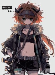 Rule 34 | 1girl, azzz (7334080), bag, belt, bra, cowboy shot, english text, gloves, grey background, highres, holding, horns, id card, jacket, long sleeves, looking at viewer, midriff, name tag, navel, open clothes, open jacket, orange hair, original, short hair with long locks, shorts, shoulder bag, simple background, smile, solo, underwear