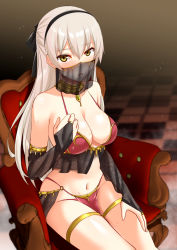 Rule 34 | 1girl, ao no kiseki, arabian clothes, armlet, blush, breasts, bridal gauntlets, chair, cleavage, eiyuu densetsu, elie macdowell, falcom, gloves, gold trim, green eyes, hair ribbon, hairband, harem outfit, highres, jewelry, large breasts, long hair, looking at viewer, mizuno asami, mouth veil, necklace, open mouth, pelvic curtain, ribbon, see-through, silver hair, sitting, solo, sweat, thighlet, thighs, veil, zero no kiseki
