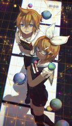 Rule 34 | 1boy, 1girl, alternate costume, black shirt, black thighhighs, blonde hair, blurry, book, bow, brother and sister, commentary, constellation, dated, depth of field, from above, glasses, grid, hair ornament, hairclip, holding, holding book, kagamine len, kagamine rin, lipstick, looking at viewer, looking up, makeup, planet, sailor collar, school uniform, semi-rimless eyewear, shadow, shirt, short hair, short ponytail, shorts, siblings, smile, spiked hair, star (symbol), star print, thighhighs, twins, vocaloid, w.r.b, white bow, white sailor collar, white shirt, zettai ryouiki