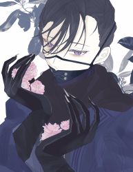 Rule 34 | 1boy, black gloves, black hair, black scarf, commentary request, expressionless, fate/grand order, fate (series), flower, gloves, highres, japanese clothes, long sleeves, looking away, male focus, mask, mouth mask, pink flower, purple eyes, satoemerarudo, scarf, short hair, solo, upper body, wide sleeves, yamanami keisuke (fate)