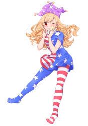 Rule 34 | 1girl, absurdres, american flag dress, american flag legwear, blush, breasts, clownpiece, double v, dress, full body, hat, highres, jester cap, long hair, medium breasts, neck ruff, no wings, one eye closed, pantyhose, red eyes, short dress, short sleeves, simple background, smile, solo, star (symbol), star print, striped clothes, striped dress, striped pantyhose, touhou, v, white background, yukina (masyumaro610)