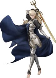 Rule 34 | 1girl, 3d, armor, barefoot, cape, corrin (female) (fire emblem), corrin (fire emblem), fire emblem, fire emblem fates, fire emblem warriors, full body, hair ornament, hairband, highres, long hair, looking at viewer, nintendo, official art, pointy ears, red eyes, silver hair, solo, sword, transparent background, weapon