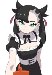 Rule 34 | 1girl, absurdres, alternate costume, asymmetrical bangs, black dress, black hair, breasts, closed mouth, commentary request, creatures (company), doutei (thns7553), dress, enmaided, eyelashes, frills, game freak, gen 4 pokemon, green eyes, hair ribbon, highres, holding, holding phone, long hair, maid, marnie (pokemon), nintendo, outstretched arm, phone, pokemon, pokemon swsh, red ribbon, ribbon, rotom, rotom phone, short sleeves, simple background, small breasts, smile, twintails, white background