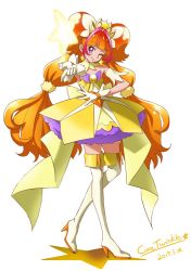 Rule 34 | 1girl, bare shoulders, closed mouth, cure twinkle, earrings, gloves, go! princess precure, haruyama kazunori, highres, jewelry, long hair, looking at viewer, magical girl, multicolored hair, orange hair, precure, purple eyes, simple background, smile, solo, star (symbol), star earrings, thighhighs, twintails, two-tone hair, very long hair, white background, white gloves