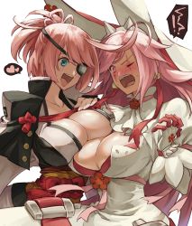 Rule 34 | 2girls, :d, amputee, asymmetrical docking, baiken, black jacket, black kimono, blue eyes, blush, breast press, breasts, cleavage, cleavage cutout, clothing cutout, cosplay, costume switch, dress, elphelt valentine, eyepatch, facial tattoo, guilty gear, guilty gear xrd, hand on own chest, heart, highres, jacket, jacket on shoulders, jako (toyprn), japanese clothes, kataginu, kimono, large breasts, long hair, long sleeves, multicolored clothes, multicolored kimono, multiple girls, obi, one-eyed, open clothes, open kimono, open mouth, pink eyes, pink hair, ponytail, puffy long sleeves, puffy sleeves, rope, samurai, sash, scar, scar across eye, scar on face, smile, spoken heart, sweatdrop, tattoo, white dress, white kimono
