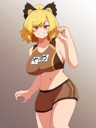 Rule 34 | 1girl, absurdres, alternate costume, black bow, blonde hair, blush, bow, breasts, brown background, brown shorts, brown sports bra, commentary request, feet out of frame, fingernails, gradient background, grin, hair between eyes, hair bow, hair bun, highres, kurodani yamame, large breasts, looking at viewer, medium hair, midriff, navel, one-hour drawing challenge, red eyes, red nails, rinyamame, shiny skin, shorts, smile, solo, sports bra, touhou