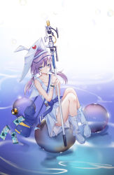 Rule 34 | 0 (znanimo), 1girl, absurdres, arknights, black wristband, blue bow, boots, bow, bracelet, bubble, collarbone, dress, full body, hat, highres, holding, holding staff, infection monitor (arknights), jewelry, long hair, looking at viewer, lungmen dollar, originium (arknights), purestream (arknights), purple eyes, purple hair, sash, sleeveless, sleeveless dress, solo, staff, twintails, visor cap, water, white dress, white footwear, white hat