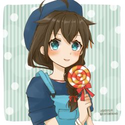 Rule 34 | 1girl, ahoge, baseball cap, black hair, blue background, blue eyes, blue hat, blue shirt, braid, candy, cocoperino, dated, food, hair flaps, hair over shoulder, hat, kantai collection, lollipop, long hair, looking at viewer, overalls, shigure (kancolle), shigure kai ni (kancolle), shirt, short sleeves, single braid, solo, striped, striped background, tongue, tongue out, twitter username