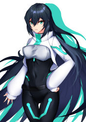 Rule 34 | 1girl, absurdres, black bodysuit, bodysuit, breasts, clenched hand, colored shadow, covered navel, frown, green eyes, gundam, gundam build divers, gundam build divers re:rise, hair between eyes, highres, kurosaki saya, long hair, may (gundam build divers re:rise), medium breasts, open hand, shadow, shrug (clothing), sleeves past wrists, solo, thigh gap, very long hair, white background
