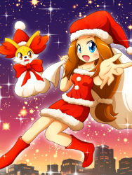 Rule 34 | 10s, 1girl, alternate hair color, bag, bare shoulders, blue eyes, bow, breasts, brown hair, building, christmas, city, costume, creatures (company), dress, fennekin, game freak, gen 6 pokemon, happy, hat, highres, knees, legs, long hair, merry christmas, miniskirt, necktie, night, night sky, nintendo, one eye closed, open mouth, pokemon, pokemon (anime), pokemon (creature), pokemon xy, santa costume, santa hat, serena (pokemon), shoes, skirt, sky, small breasts, smile, solo, star (symbol), tongue, wink