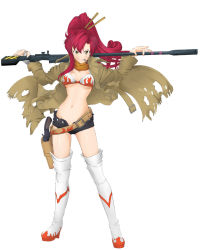 Rule 34 | 00s, 1girl, anti-materiel rifle, aserio, bikini, bikini top only, boots, breasts, bullet, coat, cowboy western, figure, full body, gun, holster, midriff, mouth hold, open fly, ponytail, red hair, rifle, short shorts, shorts, sniper rifle, solo, standing, swimsuit, tengen toppa gurren lagann, thigh boots, thighhighs, torn clothes, trench coat, unzipped, weapon, yellow eyes, yoko littner
