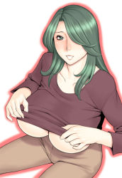 Rule 34 | 1girl, bad id, bad pixiv id, blush, breasts, clothes lift, collarbone, from above, green eyes, green hair, hair over one eye, huge breasts, matching hair/eyes, mature female, original, shirt lift, sitting, smile, solo, swept bangs, takasugi kou, underboob