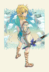 Rule 34 | 1boy, aqua eyes, archaic set (zelda), blonde hair, body markings, cloud, earrings, from above, gladiator sandals, green sash, hair between eyes, highres, holding, holding sword, holding weapon, jewelry, link, looking at viewer, male focus, master sword, medium hair, nintendo, pointy ears, sandals, sash, shoulder tattoo, single bare shoulder, solo, sword, tak (karasuki), tattoo, the legend of zelda, the legend of zelda: tears of the kingdom, weapon, white tunic