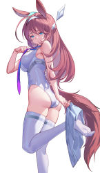 Rule 34 | 1girl, ahoge, animal ears, ass, bare arms, bare shoulders, blue eyes, breasts, brown hair, closed mouth, from behind, grey hairband, grey leotard, grey skirt, grey thighhighs, hairband, highres, horse ears, large breasts, leg up, leotard, long hair, looking at viewer, looking back, mihono bourbon (umamusume), miniskirt, necktie, nian (zhanian), no shoes, purple necktie, simple background, skirt, skirt around one leg, solo, standing, standing on one leg, thighhighs, umamusume, undressing, white background