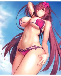 Rule 34 | 1girl, arm up, bare shoulders, bikini, blush, breasts, cleavage, cloud, cowboy shot, day, fate/grand order, fate (series), flower, groin, hair between eyes, hair flower, hair ornament, hand in own hair, hand on own hip, highres, large breasts, lens flare, long hair, looking at viewer, looking down, lun7732, navel, purple bikini, purple hair, red eyes, ruffling hair, scathach (fate), scathach (fate/grand order), scathach (swimsuit assassin) (fate), sky, smile, solo, sunlight, swimsuit, underboob, very long hair