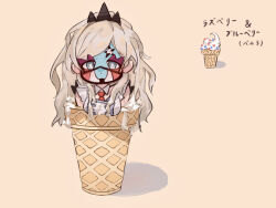 Rule 34 | 1girl, blonde hair, bright pupils, buttons, chibi, closed mouth, commentary, creatures (company), dafenpipixia, detached collar, eri (pokemon), facepaint, food, game freak, grey eyes, highres, ice cream, ice cream cone, long hair, looking at viewer, necktie, nintendo, orange necktie, pokemon, pokemon sv, solo, team star, tiara, vest, white pupils