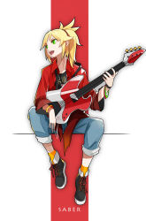 Rule 34 | 1girl, absurdres, black shirt, blonde hair, blue pants, character name, collarbone, dress shirt, fate/apocrypha, fate (series), full body, green eyes, guitar, hair ornament, highres, holding, holding instrument, instrument, long hair, looking to the side, mordred (fate), mordred (fate/apocrypha), open clothes, open mouth, open shirt, pants, ponytail, red shirt, shirt, sitting, solo, takumi chiho