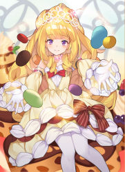 Rule 34 | 1girl, blonde hair, blunt bangs, blush, bow, cake, cake dress, candy, cherry, cherry hair ornament, commentary, detached sleeves, dress, drill hair, duel monster, floating, floating object, food, food-themed hair ornament, food as clothes, fruit, glint, gloves, hair ornament, highres, jelly bean, jewelry, kikistark, long hair, madolche puddingcess, necklace, outstretched arms, parted lips, pearl necklace, pudding, purple eyes, red bow, sitting on food, sleeveless, sleeveless dress, smile, solo, sparkle, striped, striped bow, symbol-only commentary, tiara, twin drills, very long hair, whipped cream, white gloves, white legwear, yellow dress, yu-gi-oh!