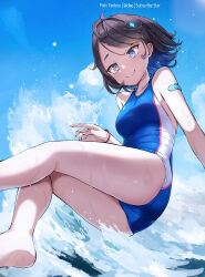 Rule 34 | 1girl, ahoge, artist name, bandaid, bandaid on arm, blue eyes, bracelet, breasts, brown hair, closed mouth, cloud, cloudy sky, collarbone, commentary, competition swimsuit, day, english commentary, floating, floating hair, full body, highres, jewelry, liclac, light particles, looking down, medium breasts, medium hair, mixed-language commentary, one-piece swimsuit, original, ringed eyes, sky, smile, solo, sparkle, sunlight, swimsuit, thighs, water, waves, wet, wind