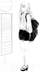 Rule 34 | 1girl, backpack, bag, bus stop, full body, grey eyes, greyscale, highres, long sleeves, monochrome, original, shirt, shorts, silver hair, solo, sousou (sousouworks)