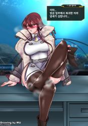 Rule 34 | 1girl, blue eyes, blush, boots, breasts, feet, heterochromia, highres, holding, holding shoes, large breasts, last origin, long hair, looking at viewer, parted lips, red eyes, red hair, see-through, see-through legwear, shoes, unworn shoes, sitting, steam, sweat, toes, translated, valkyrie (last origin)