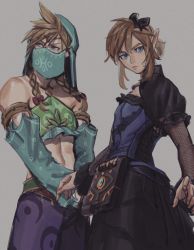 Rule 34 | 2boys, abs, belly dancer, blonde hair, blue dress, blue eyes, braid, cloud strife, crossdressing, crossover, detached sleeves, dress, final fantasy, final fantasy vii, final fantasy vii remake, fishnets, grey background, hair between eyes, hair ornament, highres, jewelry, link, multiple boys, nintendo, oimo (oimkimn), pointy ears, spiked hair, square enix, the legend of zelda, twin braids, wall market