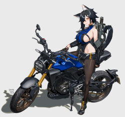 Rule 34 | 1girl, animal ear fluff, animal ears, artist name, bare shoulders, black gloves, black hair, boots, breasts, bullpup, cat ears, cat tail, commentary, full body, gloves, grey background, gun, gun on back, hair ornament, hair over one eye, highres, jacket, kare huang, large breasts, leotard, looking at viewer, motor vehicle, motorcycle, original, p90, pantyhose, personal defense weapon, shadow, shiny clothes, shiny skin, short hair, shorts, sideboob, signature, simple background, smile, solo, submachine gun, suppressor, tail, weapon, weapon on back, yellow eyes