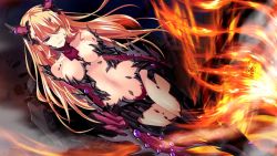 Rule 34 | 1girl, angry, armor, blonde hair, chobipero, fire, game cg, heterochromia, legs, long hair, looking at viewer, magic, navel, shin shirogane no soleil reanswer, solo, standing, thighs