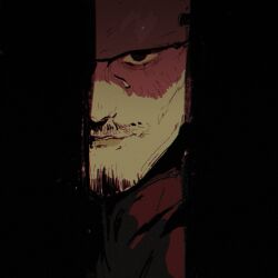 Rule 34 | 1boy, black eyes, commentary, doorway, english commentary, facial hair, goatee, golden kamuy, limited palette, looking at viewer, male focus, mask, mustache, naruysae, parted lips, peeking, scar, scar on face, solo, sweatdrop, tsurumi tokushirou