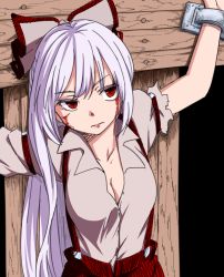 Rule 34 | 1girl, arms up, bdsm, blood, blood on face, bondage, bound, bow, breasts, cleavage, cross, crucifixion, frown, fujiwara no mokou, hair bow, hair ribbon, highres, long hair, medium breasts, miyo (ranthath), open clothes, open shirt, pants, red eyes, restrained, ribbon, shirt, solo, stationary restraints, suspenders, torn clothes, torn sleeves, touhou