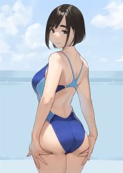 Rule 34 | 1girl, ass, ass grab, black eyes, black hair, blue one-piece swimsuit, competition swimsuit, cowboy shot, day, kouhai-chan (douki-chan), looking at viewer, mole, mole on cheek, non-web source, one-piece swimsuit, original, outdoors, photoshop (medium), short hair, smile, solo, swimsuit, yomu (sgt epper)