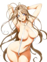Rule 34 | 1girl, aa megami-sama, antenna hair, armpits, arms up, belldandy, blue eyes, breasts, brown hair, contrapposto, facial mark, highres, hip focus, joy division, large breasts, legs, long hair, looking at viewer, navel, one-piece swimsuit, open mouth, simple background, slingshot swimsuit, smile, solo, standing, swimsuit, thighs, wavy hair, white background, white one-piece swimsuit