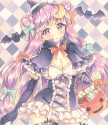 Rule 34 | 1girl, alternate costume, alternate hairstyle, bat (animal), black gloves, black thighhighs, blush, bookshelf, bow, breasts, candy, cleavage, cookie, crescent, crescent hair ornament, double bun, dress, elbow gloves, food, garter straps, gloves, hair bow, hair bun, hair ornament, halloween, hat, jack-o&#039;-lantern, large breasts, lollipop, long hair, looking at viewer, marker (medium), mini hat, mini witch hat, mugicha (mugicha0929), open mouth, patchouli knowledge, purple eyes, purple hair, solo, thighhighs, touhou, traditional media, witch hat