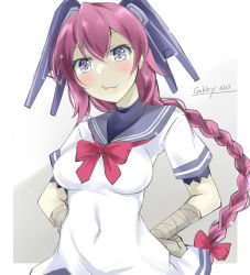 Rule 34 | 1girl, ahoge, bandaged hand, bandages, bow, bowtie, braid, breasts, commentary request, covered navel, cowboy shot, dress, fang, floating headgear, gakky, gloves, grey sailor collar, half gloves, headgear, kantai collection, long hair, medium breasts, nenohi (kancolle), one-hour drawing challenge, pink hair, purple eyes, red bow, red bowtie, sailor collar, sailor dress, single braid, skin fang, smile, solo
