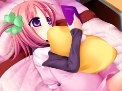 Rule 34 | bed, child, diary, hair ornament, hairclip, pillow, pink hair, pregnant, purple eyes, reading, solo, swaneye, twintails