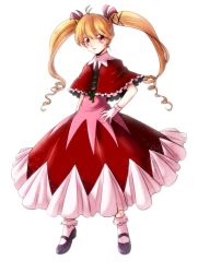 Rule 34 | 1girl, biscuit krueger, bobby socks, brown hair, capelet, dress, drill hair, gloves, hair ribbon, hand on own hip, highres, hunter x hunter, lolita fashion, long hair, looking at viewer, mary janes, red dress, red eyes, ribbon, shoes, smile, socks, solo, standing, tusk0315, twintails, white socks