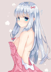 Rule 34 | 10s, 1girl, absurdres, bare back, binan xian lu, blue eyes, blush, bow, breasts, eromanga sensei, flying sweatdrops, frilled sleeves, frills, from side, hair bow, highres, izumi sagiri, long hair, long sleeves, pink bow, pink shirt, shirt, sideboob, silver hair, simple background, small breasts, solo, undressing