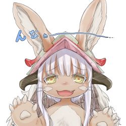 Rule 34 | 10s, artist request, rabbit, furry, highres, made in abyss, nanachi (made in abyss), open mouth, white hair, yellow eyes