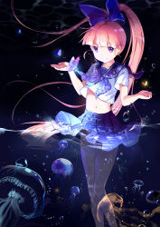 Rule 34 | 00s, 1girl, akazutsumi momoko, blonde hair, blunt bangs, bow, bug, butterfly, hair bow, hmniao, insect, jellyfish, long hair, looking at viewer, midriff, navel, panties, partially submerged, pleated skirt, ponytail, powerpuff girls z, purple eyes, reflection, refraction, school uniform, serafuku, skirt, smile, solo, underwear, very long hair, wading