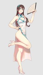 Rule 34 | 1girl, alternate costume, armpits, bare shoulders, black hair, blush, breasts, china dress, chinese clothes, cleavage, cleavage cutout, clothing cutout, dress, folding fan, full body, green eyes, hand fan, hand on own hip, high heels, highres, kantai collection, leg up, long hair, looking at viewer, ooyodo (kancolle), panties, panty peek, parted lips, semi-rimless eyewear, side slit, sleeveless, sleeveless dress, small breasts, smile, solo, standing, standing on one leg, thighs, underwear, yuuji (and)