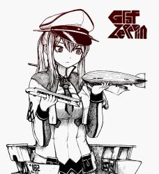 Rule 34 | 10s, 1girl, aircraft, capelet, character name, cross, dirigible, gloves, graf zeppelin (kancolle), hair between eyes, hat, iron cross, kantai collection, machinery, military, military hat, military uniform, monochrome, name connection, necktie, object namesake, peaked cap, rail zeppelin, satou ikken, sidelocks, solo, toy, train, twintails, uniform