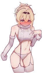 Rule 34 | 1girl, :/, absurdres, alternate costume, bare shoulders, blonde hair, blush, breasts, cable knit, commentary, cowboy shot, cropped legs, detached sleeves, embarrassed, frown, garter straps, hair between eyes, hairband, hand on own chest, highres, hololive, kazama iroha, long hair, looking down, medium breasts, meme attire, navel, panties, ponytail, ribbed legwear, ribbed panties, ribbed sleeves, ribbed sweater, ribbed thighhighs, sauce darusungi, short hair, simple background, solo, stomach, sweater, thighhighs, turtleneck, turtleneck sweater, underwear, virgin destroyer sweater, virtual youtuber, white background, white garter straps, white panties, white sweater, white thighhighs