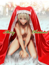 Rule 34 | 1girl, 3d, blonde hair, blue eyes, breasts, choker, christmas, incise soul, kneeling, lace, looking at viewer, m-rs, nipples, no pussy, nude, rukia (incise soul), solo