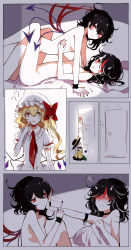 Rule 34 | 4girls, ?, absurdres, alternate costume, anger vein, asymmetrical wings, bad id, bad pixiv id, black hair, black wristband, blush, bow, breasts, comic, commentary request, constricted pupils, convenient arm, door, finger to mouth, flandre scarlet, green skirt, grey horns, hair between eyes, hat, hat bow, heart, heart of string, highres, horns, houjuu nue, indoors, kijin seija, komeiji koishi, long sleeves, looking at another, looking at viewer, medium breasts, middle finger, mob cap, multicolored hair, multiple girls, necktie, parted lips, puffy short sleeves, puffy sleeves, red bow, red hair, red neckwear, sheya, shirt, short hair, short sleeves, skirt, sleeves past wrists, streaked hair, thighs, touhou, wavy hair, white hair, white hat, white shirt, wide sleeves, wings, wristband, yellow shirt, yuri