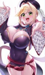 Rule 34 | 1girl, absurdres, ahoge, blonde hair, breasts, china dress, chinese clothes, cleavage, cosplay, covered navel, dress, fangs, fate/extra, fate/grand order, fate (series), green eyes, hair intakes, hat, heroic spirit festival outfit, highres, jiangshi, jiangshi costume, large breasts, nero claudius (fate), nero claudius (fate) (all), nero claudius (fate/extra), ofuda, pelvic curtain, qingdai guanmao, shuten douji (fate), shuten douji (fate) (cosplay), shuten douji (festival outfit) (fate), solo, talisman, tongue, tongue out, vampire costume, wide sleeves, yayoi maka