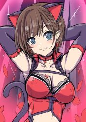 Rule 34 | 10s, 1girl, animal ears, armpits, arms behind head, arms up, breasts, brown hair, cat ears, cat tail, choker, collarbone, corset, earrings, elbow gloves, fake animal ears, gloves, idolmaster, idolmaster cinderella girls, jewelry, looking at viewer, maekawa miku, medium breasts, sanagi semi, smile, solo, tail, upper body