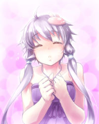 Rule 34 | 1girl, bare shoulders, blush, closed eyes, hair ornament, hair tubes, hands on own chest, imminent kiss, incoming kiss, long hair, low twintails, okaemon, parted lips, pink theme, purple hair, short hair with long locks, sleeveless, solo, twintails, vocaloid, voiceroid, yuzuki yukari