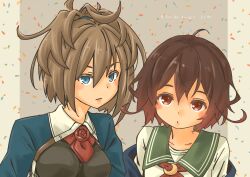 Rule 34 | 2girls, absurdres, ascot, blue eyes, blue jacket, brown eyes, brown hair, crescent, crescent pin, flower, gradient hair, green sailor collar, highres, jacket, kantai collection, long hair, looking at viewer, messy hair, military uniform, multicolored hair, multiple girls, mutsuki (kancolle), mutsuki kai ni (kancolle), neck flower, neckerchief, pot-de, red ascot, red flower, red hair, red neckerchief, red rose, rose, sailor collar, school uniform, serafuku, sheffield (kancolle), short hair, uniform, upper body