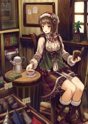 Rule 34 | 1girl, :d, bad id, bad pixiv id, blush, book, bookshelf, boots, bow, broom, brown bow, brown footwear, brown hair, chair, collared dress, commentary request, cup, day, dress, feathers, fur-trimmed boots, fur-trimmed headwear, fur-trimmed sleeves, fur trim, hair between eyes, hat, holding, holding book, holding cup, horns, indoors, jar, long sleeves, looking at viewer, multicolored clothes, multicolored dress, on chair, open book, open mouth, original, plant, potted plant, red hat, red scarf, round table, saucer, scarf, sheep horns, short hair, sign, single horn, sitting, smile, solo, table, tea, teacup, teapot, usagino suzu, window, wooden chair, yellow eyes